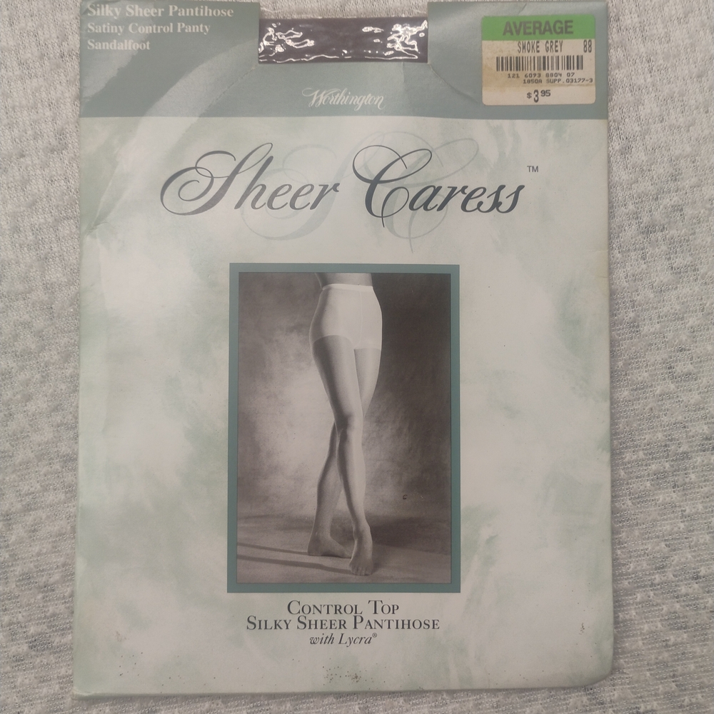 Worthington Sheer Caress Silky Sheer Control Top Pantyhose Sz Q Smoke Grey 90s